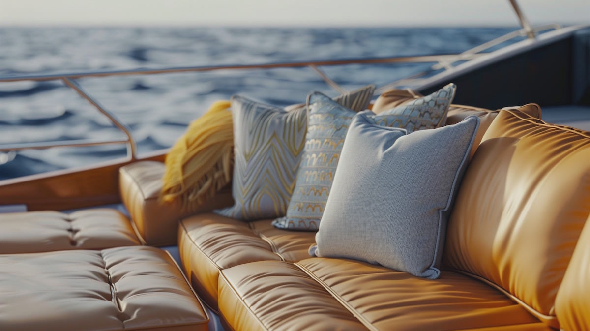 Luxury yacht cushions and sea background