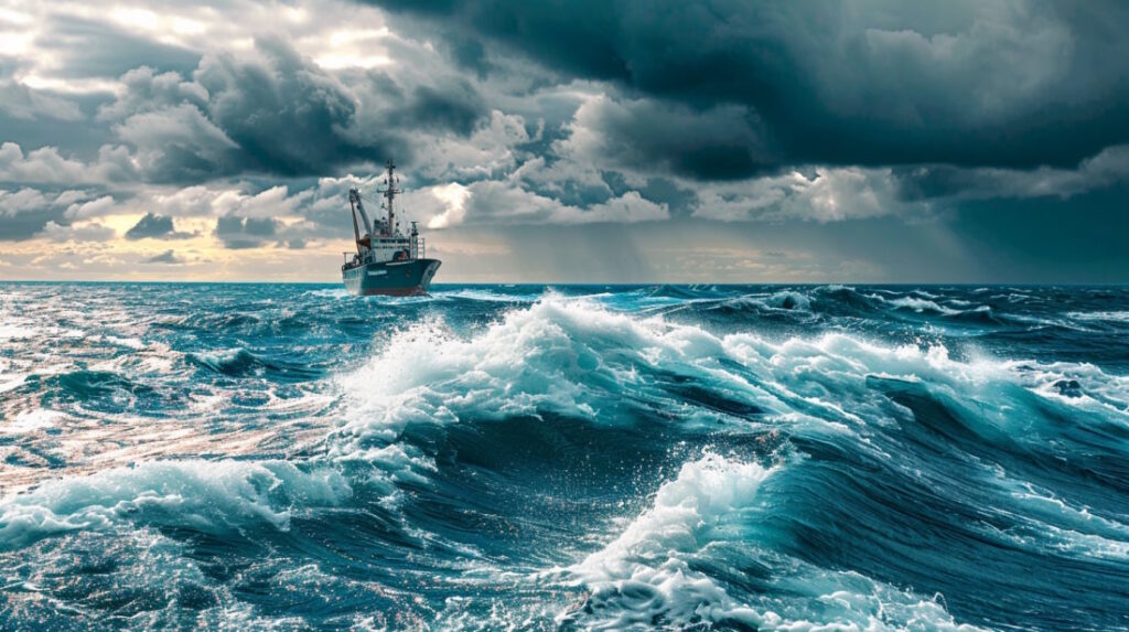 Fishing boat in stormy sea under brooding sky.