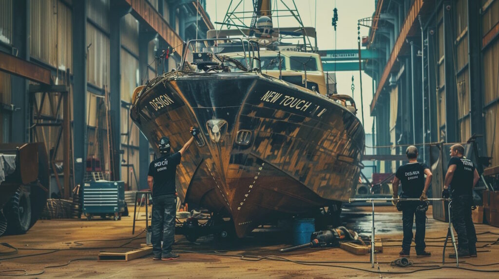 Workers inspecting yacht in shipyard.