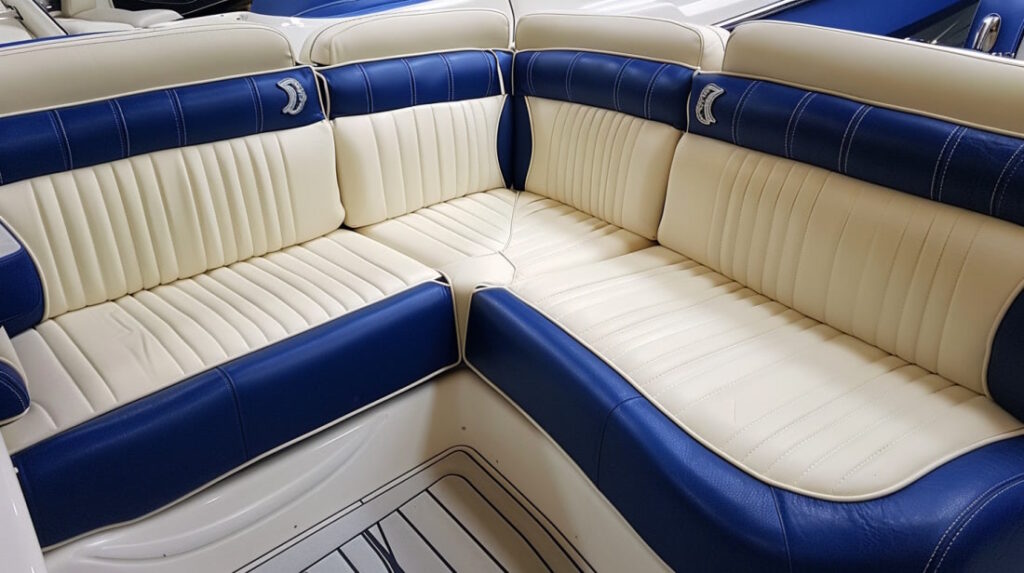 White and blue boat upholstery seats.