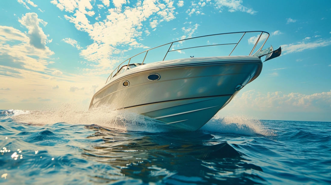 Speedboat cruising on sunny ocean