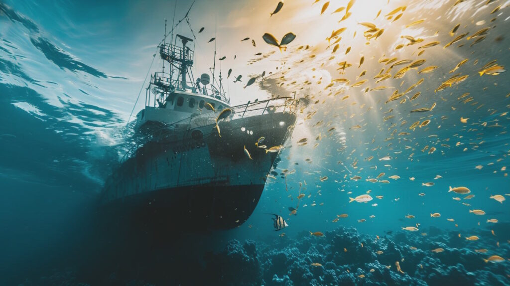 Underwater view of ship with fish.