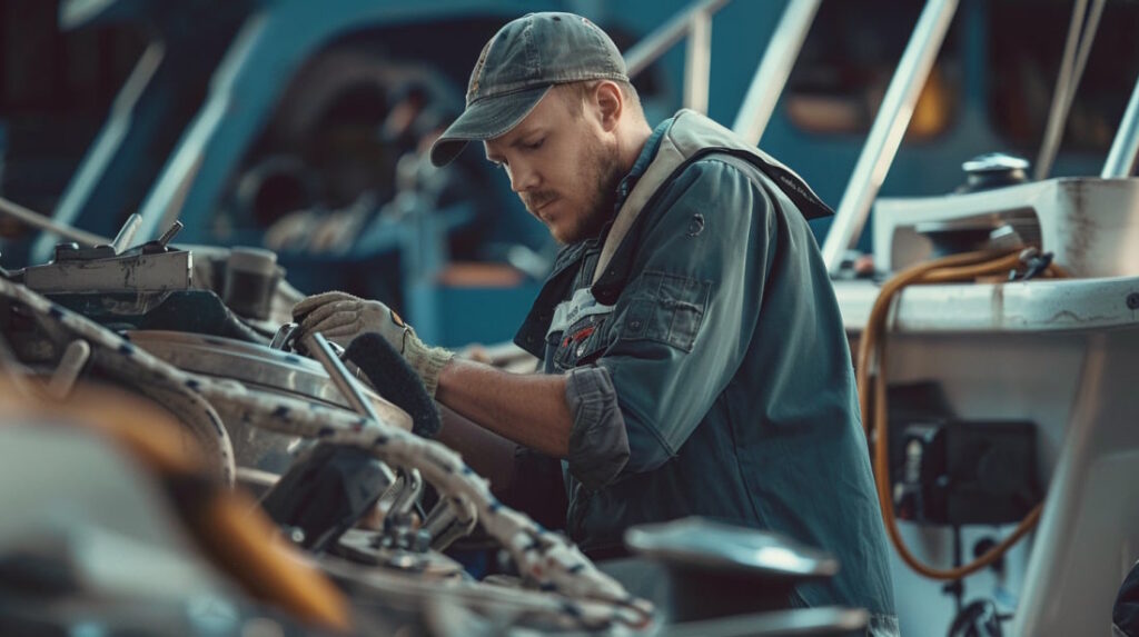 Mechanic working on car engine in garage.