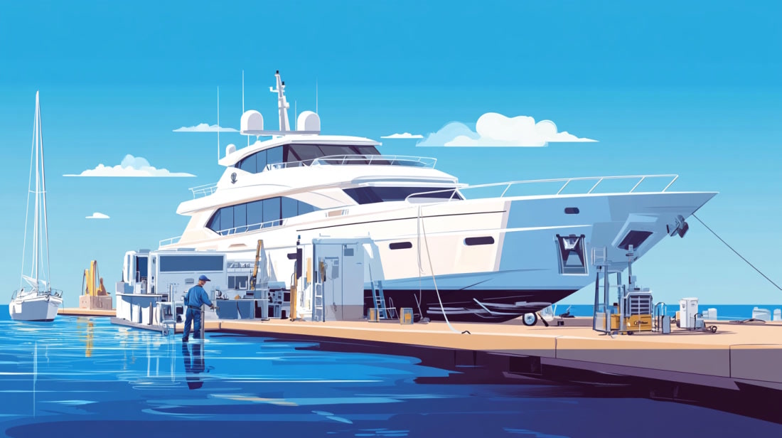 Luxury yacht docked at marina