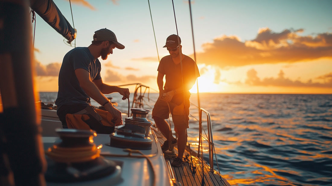 Two sailors working on sailboat at sunset