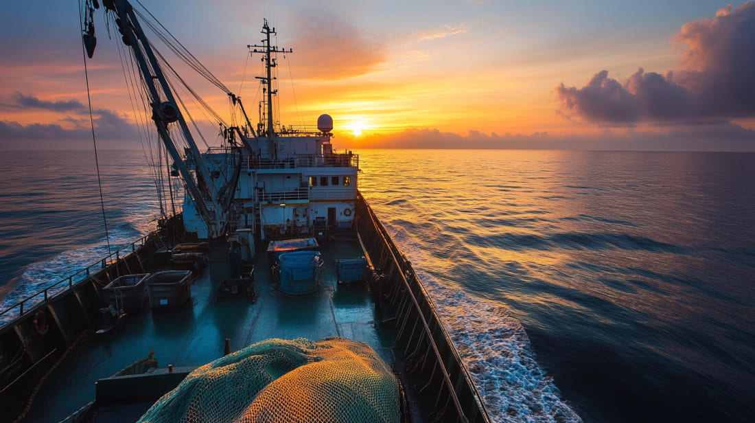Ship at sea with sunset view